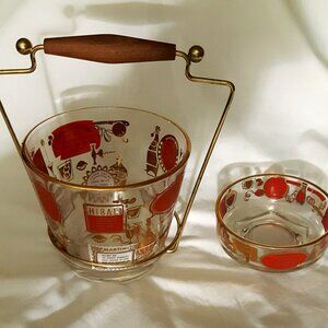Vintage MCM Jeanette Glass Ice Bucket  And Bowl Red Gold With Cocktail Recipes